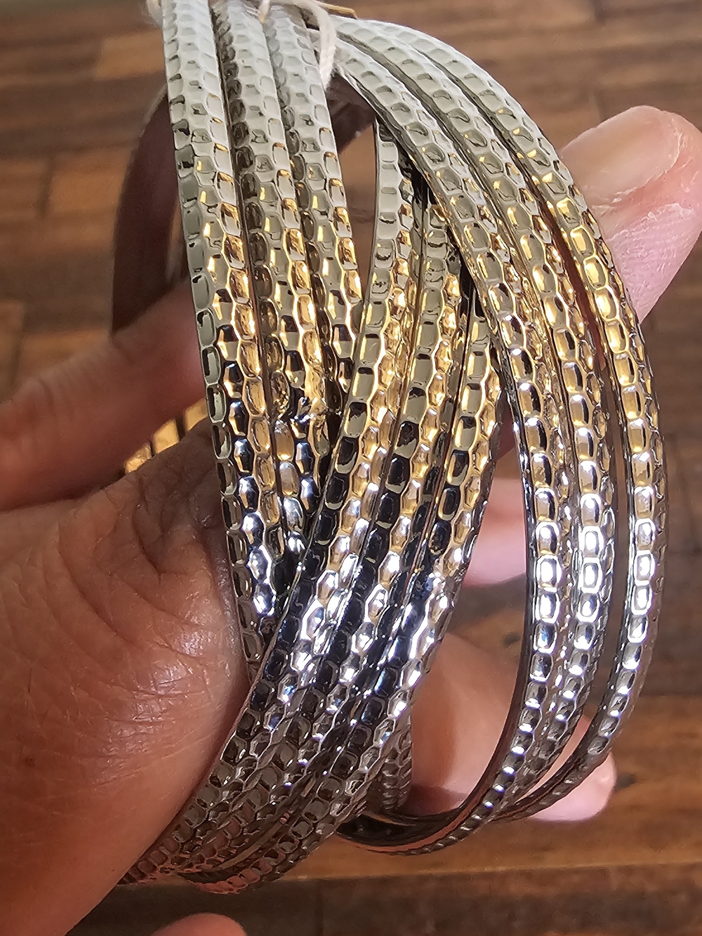 Park Lane Hammered Silver Bangle Set - Picture 3 of 4